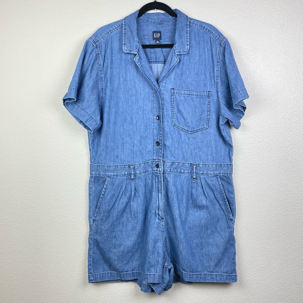 Gap Women's XL Chambray Short Sleeve Romper Denim Jumpsuit Collared Shorts Jumpe